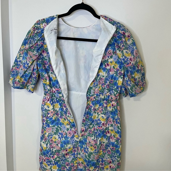 En Saison Floral Mini Dress Puffed Statement Sleeve Ruching Ruffle Cotton Small - Picture 9 of 13